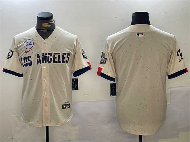 Men%27s Los Angeles Dodgers Blank Cream 2024 World Series With No. 34 Patch Limited Stitched Baseball Jersey->2023 world baseball classic->MLB Jersey